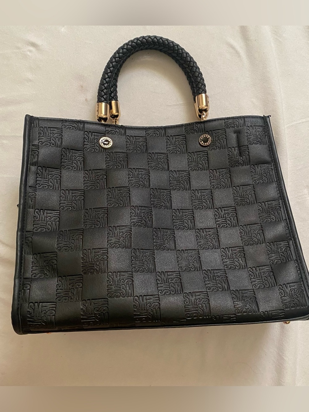 Black w Steve Madden Embossed Checker Tote Bag with Braided Handle